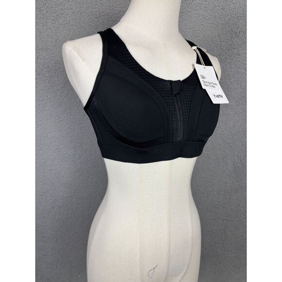 Yvette Women's Black Sports Bra With Front Zip Racerback Design Small NWT's - Picture 2 of 7